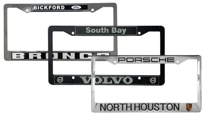 Custom Stainless Steel dealership license plate frames made of shiny silver metal with dealer logos and names